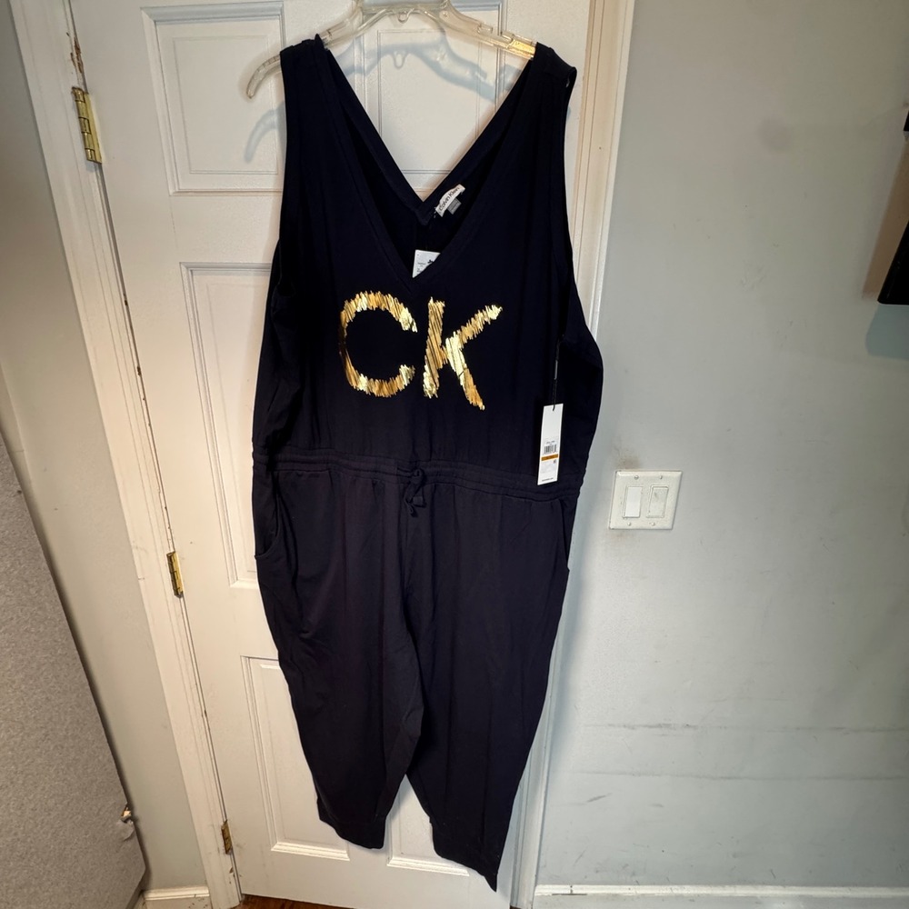 Calvin Klein Womens 3X Navy Blue Gold Sequin CK Logo Sleeveless Jumper NWT